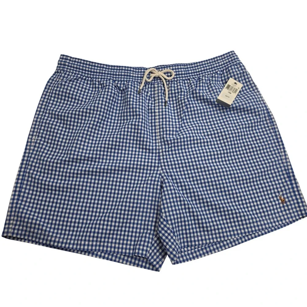Polo by Ralph Lauren Blue & White Gingham Drawstring Swim Trunks